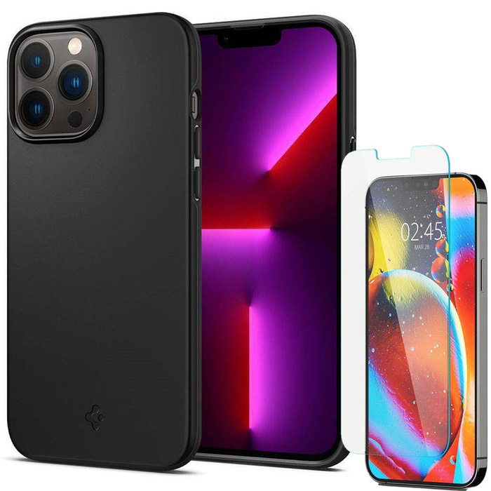 Etui Spigen IPhone 13 Pro Thin Fit Black Case + Szkło Hartowane SPIGEN Glas.Tr Slim