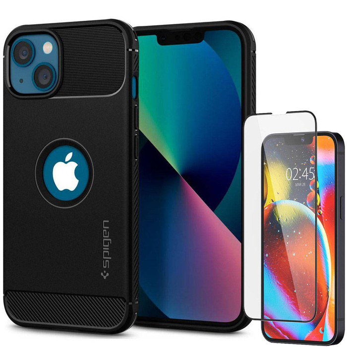 Case iPhone 13 Spigen Rugged Armor MATTE BLACK Case + Tempered Glass Full Cover Spigen iPhone 13